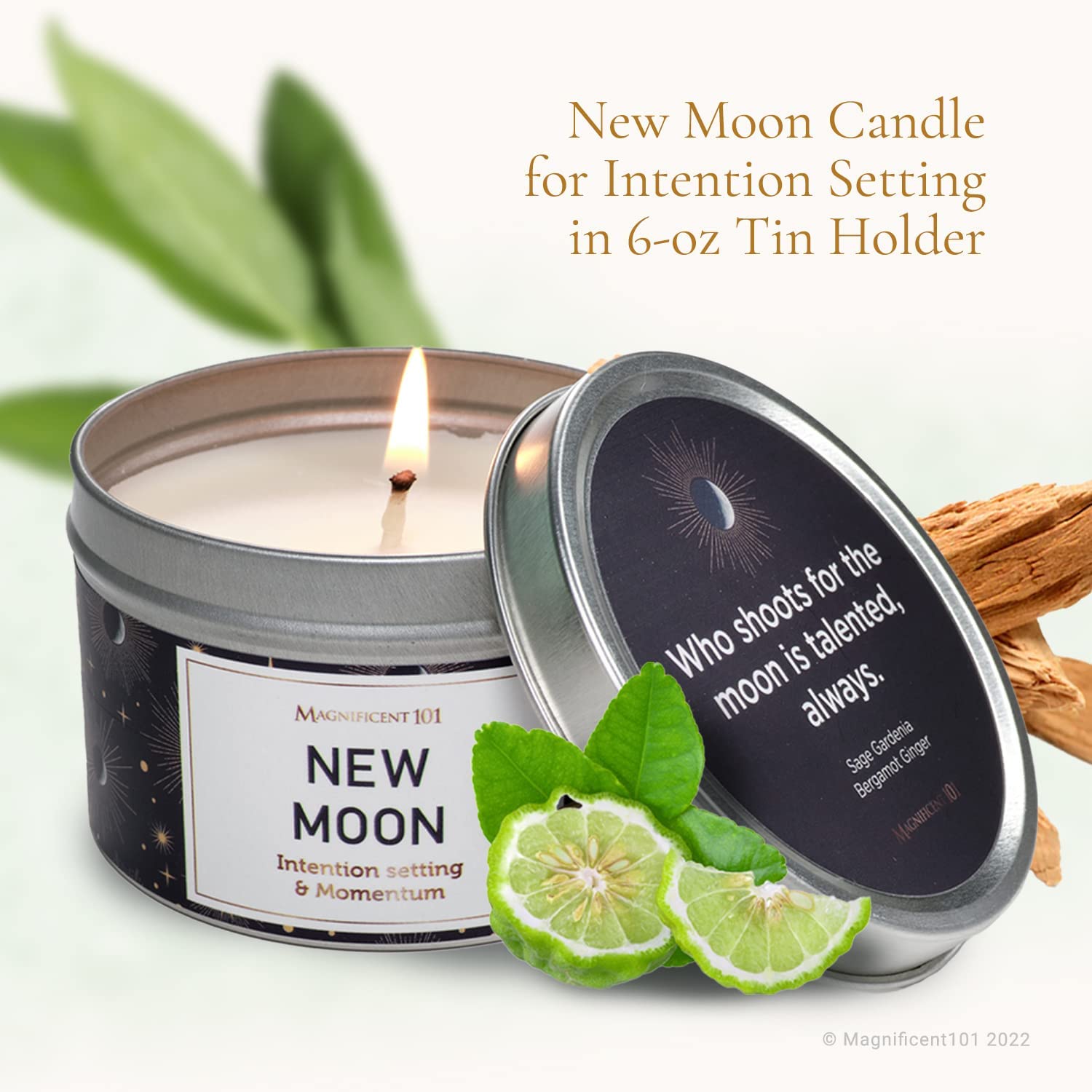 Magnificent 101 Long Lasting New Moon Aromatherapy Candle | 6 Oz - 35 Hour Burn Time | All Natural Soy Wax Candle with Sage, San